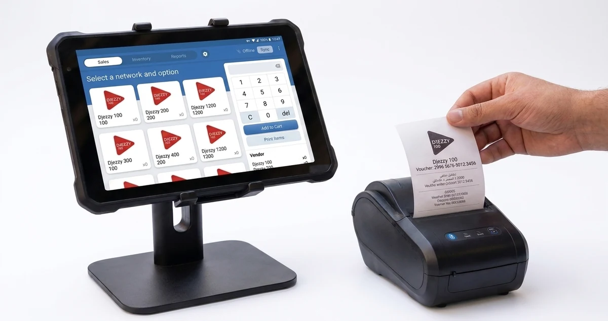 A rugged Android tablet on a counter stand running the voucher point-of-sale app, beside a small receipt printer, as a hand pulls a freshly printed voucher slip.
