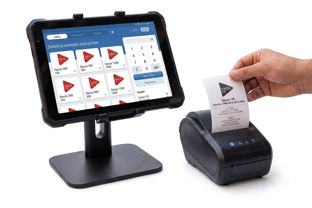 The voucher point-of-sale app on a rugged tablet in a counter stand, with a small thermal printer beside it feeding a printed voucher slip into a hand.