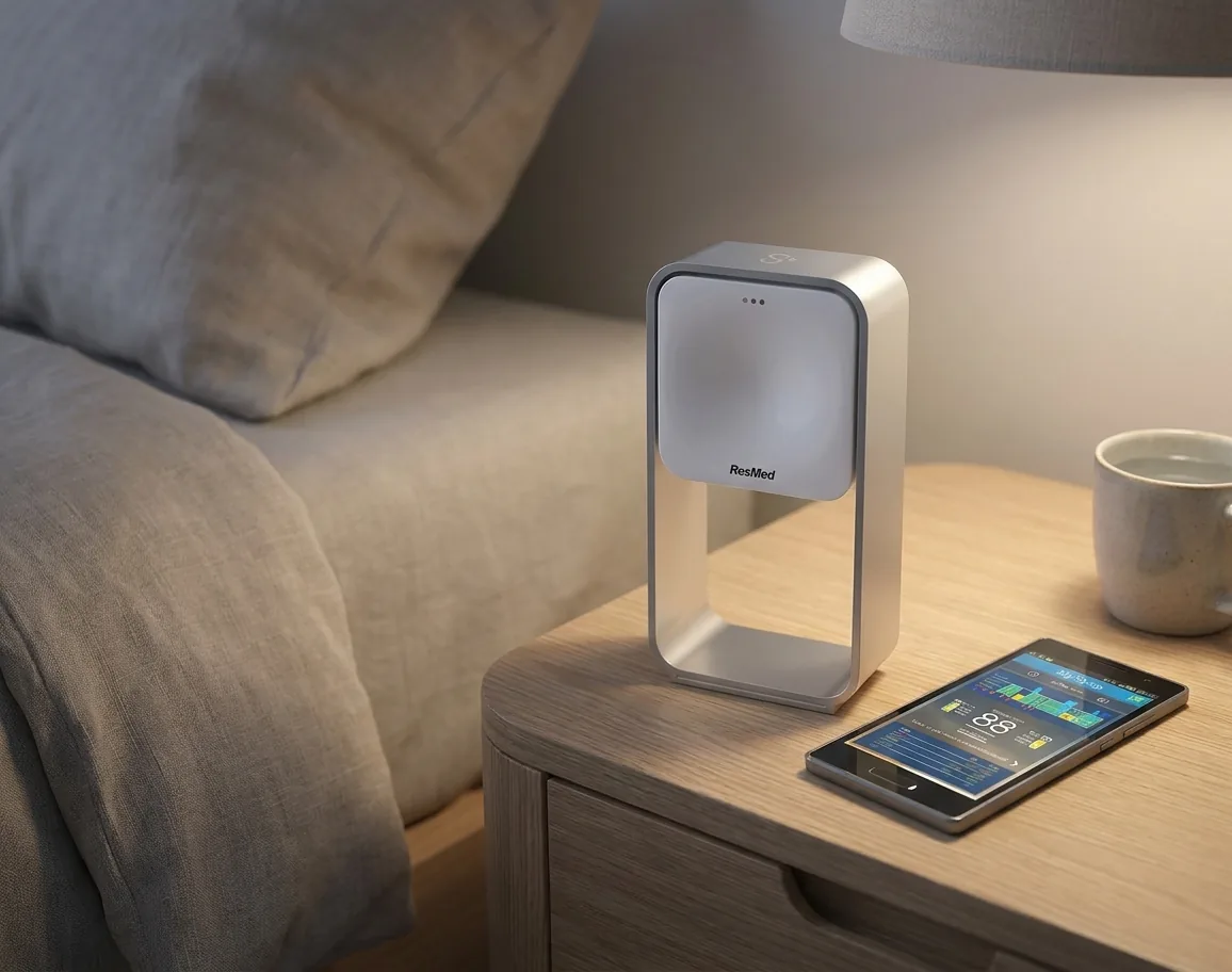 The ResMed S+ sensor standing on a bedside table beside a bed, with a phone next to it showing a night's sleep data.