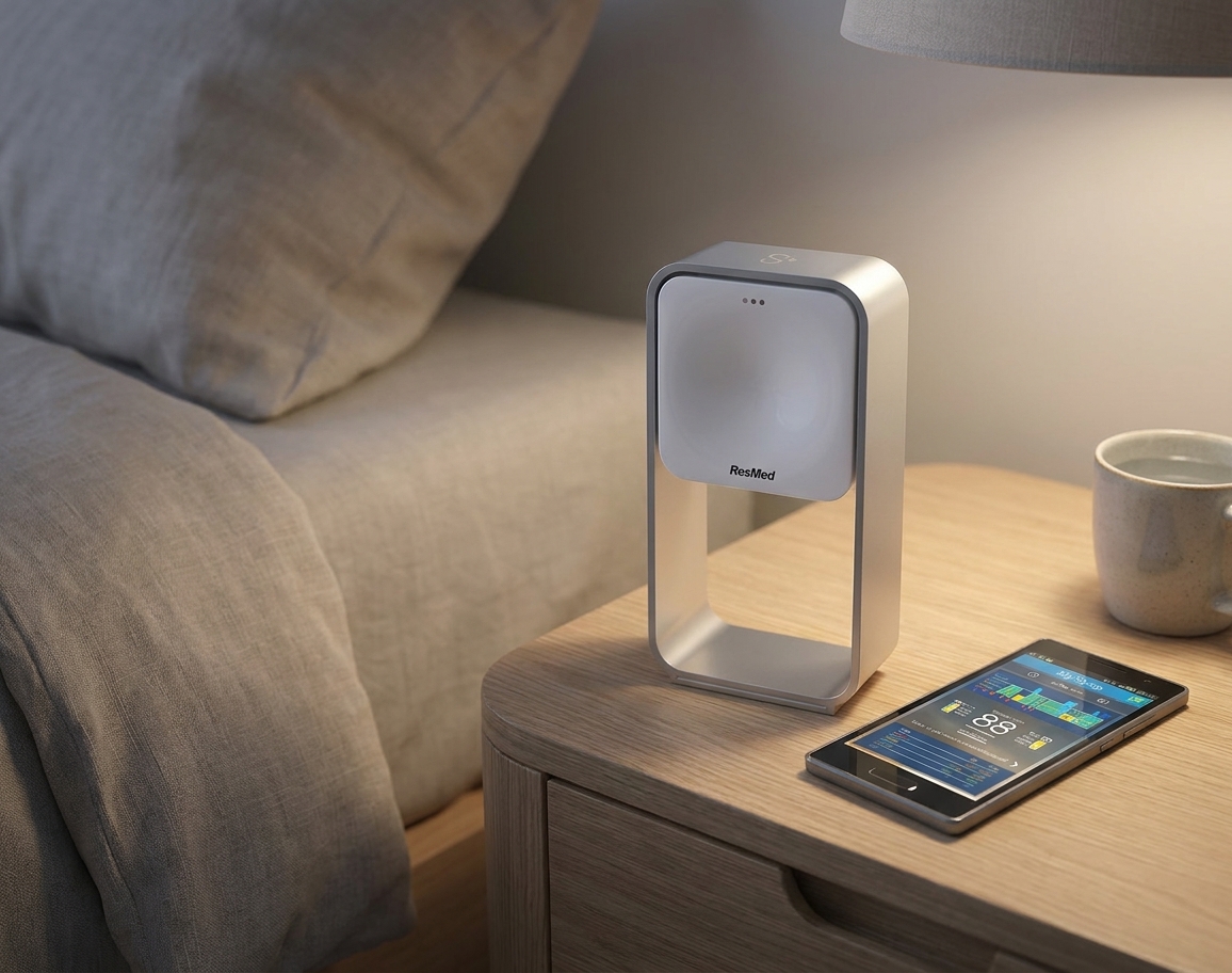 The ResMed S+ bedside sleep device on a nightstand beside a bed.