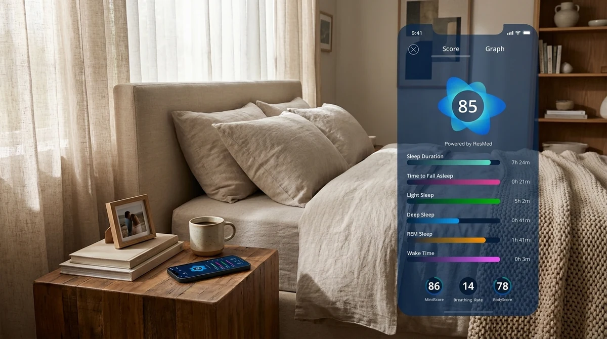 A phone on a bedside table showing the SleepScore app's sleep score screen.