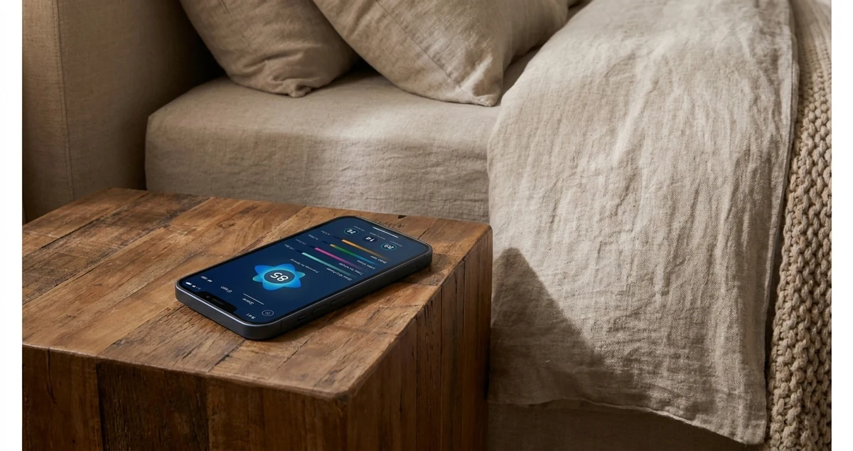 A phone on a bedside table beside a bed, showing the SleepScore app.