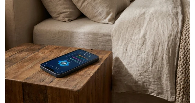 A phone lying on a wooden bedside table beside a linen-dressed bed, its screen showing a sleep score and the night's sleep stages.