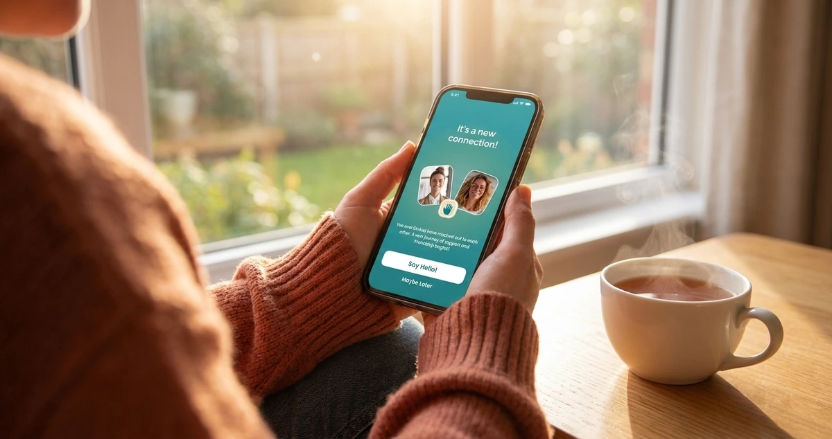 A person holding a phone showing a new connection in the Someone Like Me app.