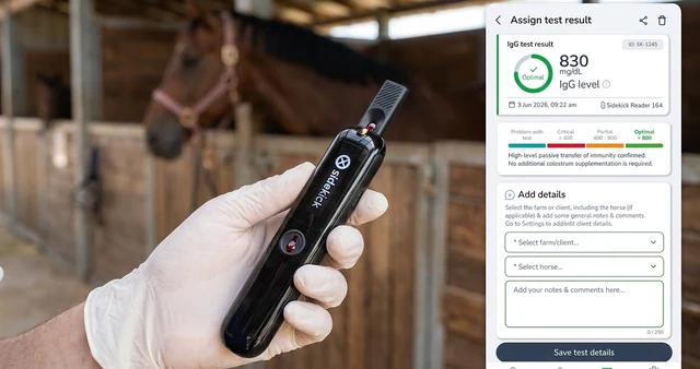 A vet in gloves holding Epona's Sidekick reader in a stable, with the Sidekick app's test result screen beside it.